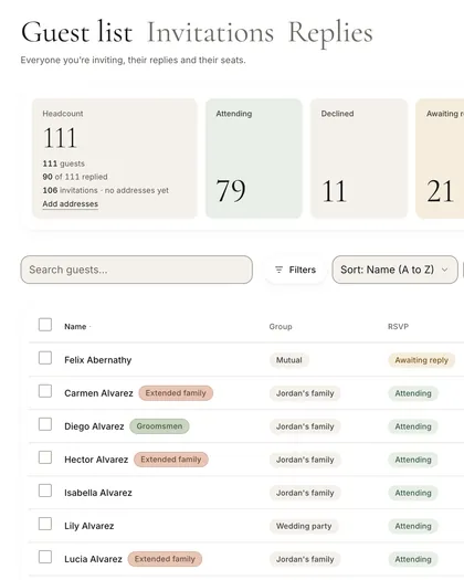 Altessa guest list with a headcount of 111, reply totals, and each guest’s group, RSVP, meal and table