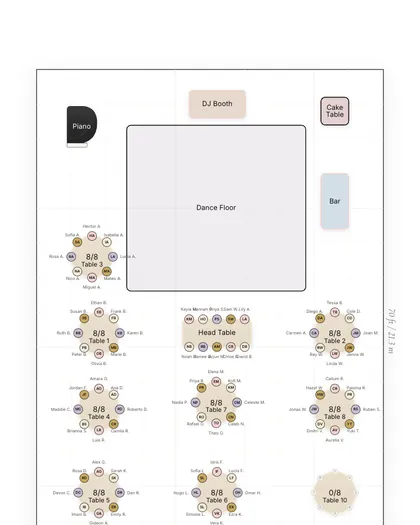 Altessa reception floor plan on a phone with a dance floor, DJ booth, bar, head table and round tables of seated guests