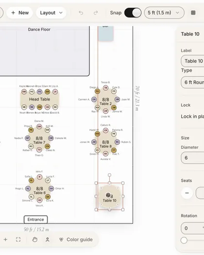 Altessa Layout Builder with a round table dragged into its row on a reception floor plan