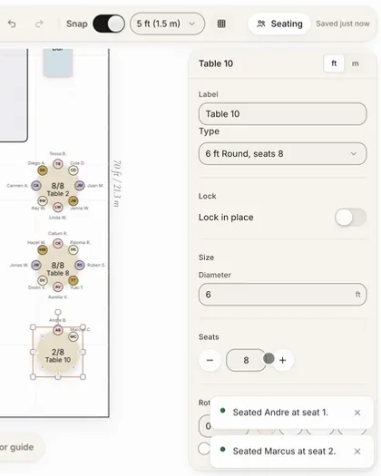 Altessa Layout Builder seating two guests at Table 10 from the seat picker