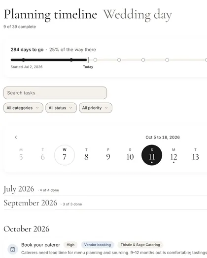 Altessa planning timeline with 284 days to go, a two-week date strip and the tasks due in October