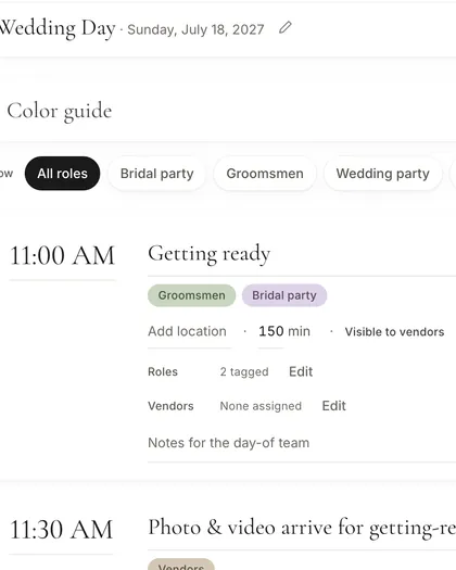 Altessa wedding day schedule with getting ready at 11 AM and photo and video arriving at 11:30, tagged by role