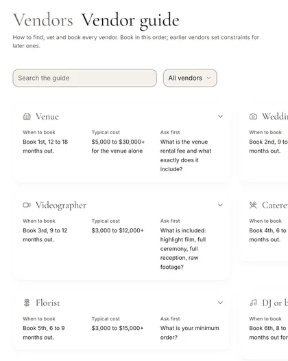 Altessa vendor guide with when to book the venue, photographer, videographer, caterer, florist and DJ, and what each typically costs
