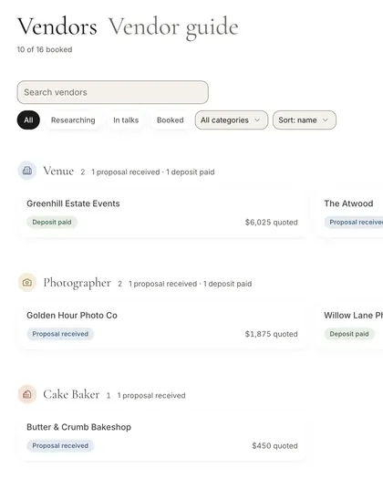 Altessa vendor list grouped by category, with each vendor’s quote and booking status