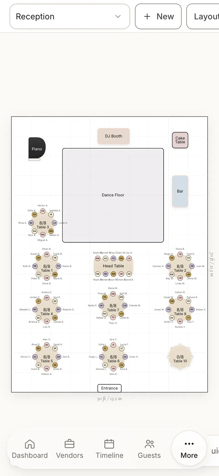 The same reception floor plan in the Layout Builder on a phone screen, with tables, dance floor and bar visible above the app’s bottom tab bar.