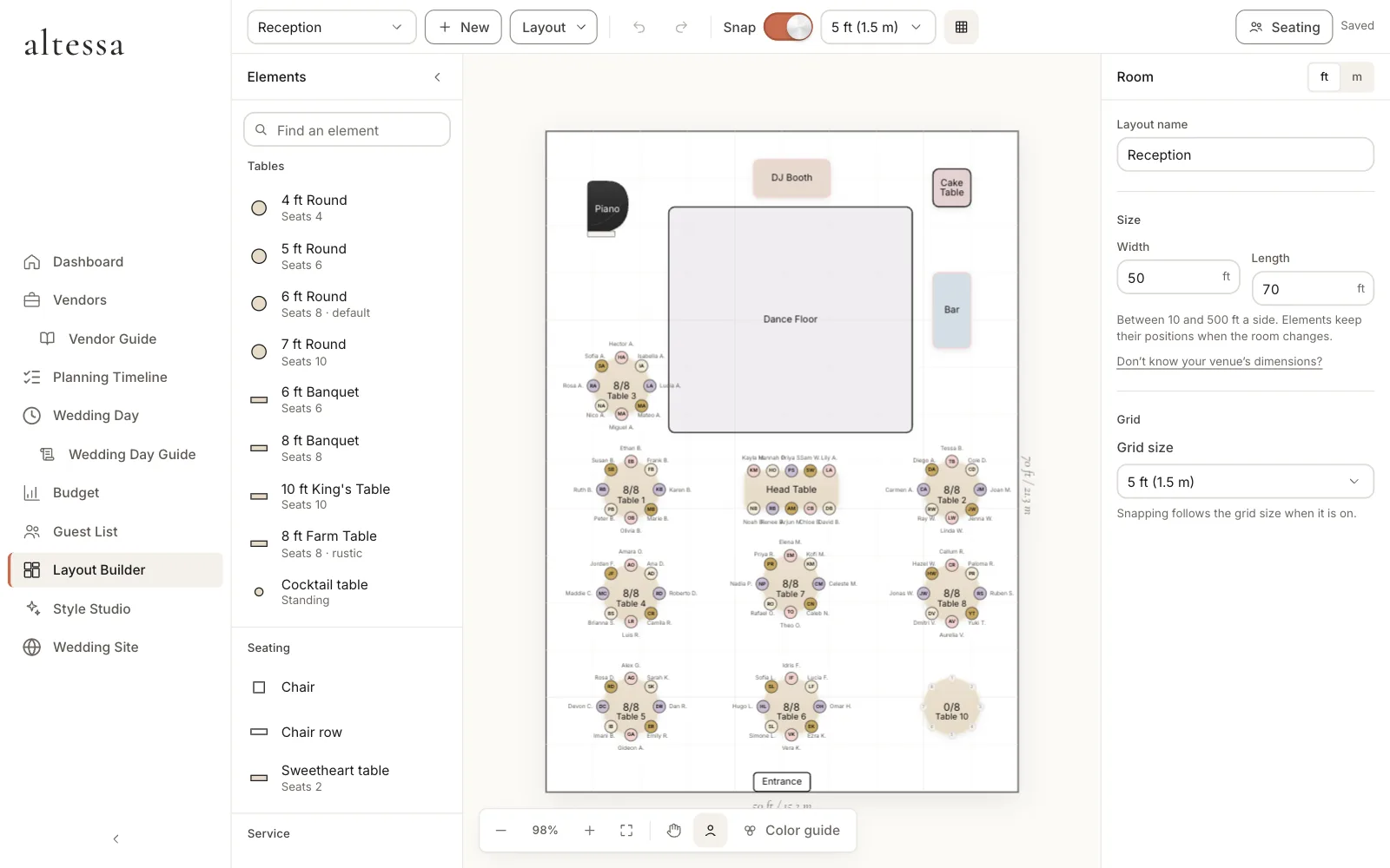 The Altessa Layout Builder on a laptop: a 50 by 70 ft reception room drawn to scale with a dance floor, DJ booth, bar, cake table, piano, a head table and nine round tables, each seat marked with a guest’s initials.