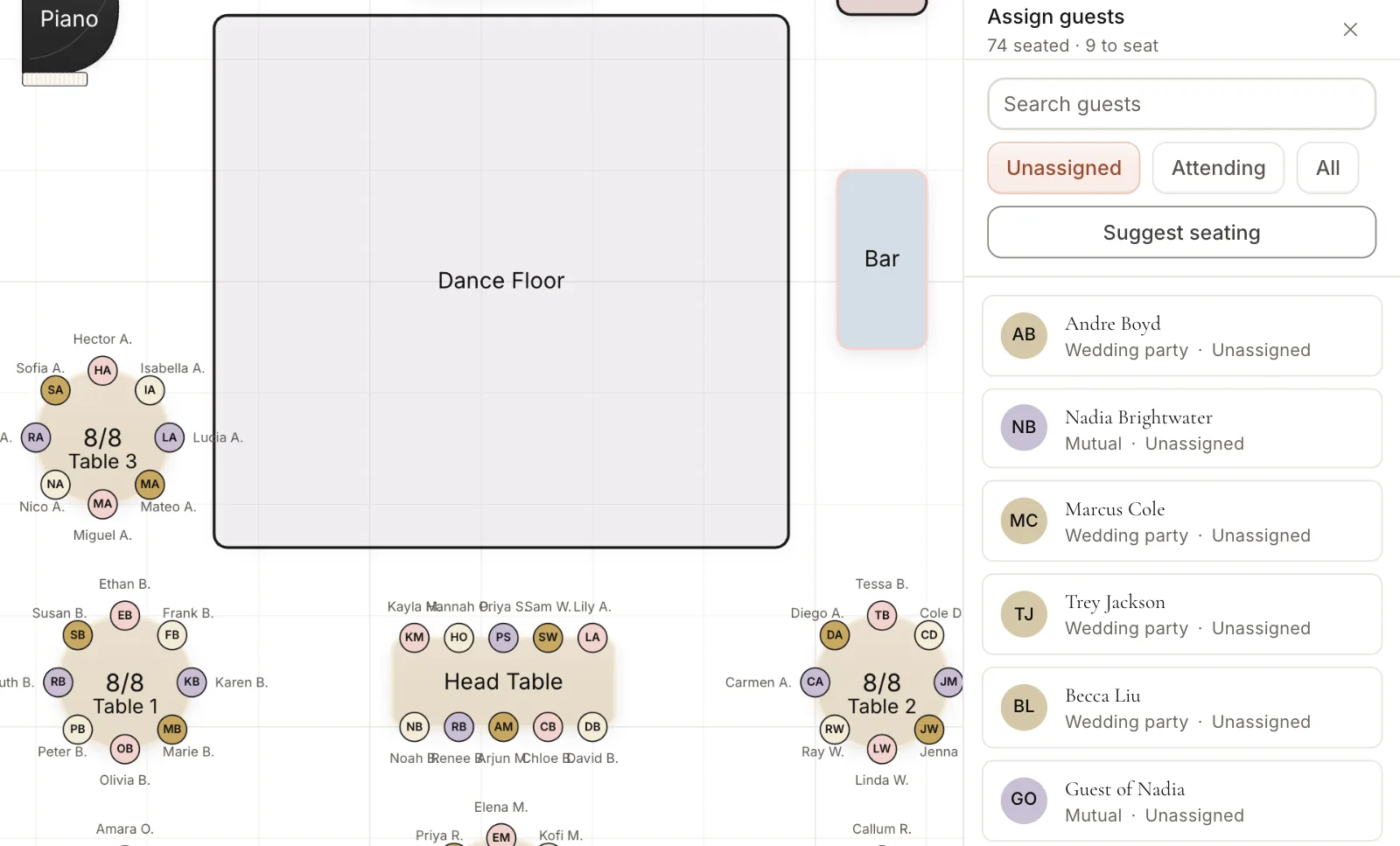 A closer view of seating in the Layout Builder: round tables showing 8 of 8 seats filled with guest names, beside the Assign guests panel listing unassigned guests with their guest group and a Suggest seating button.